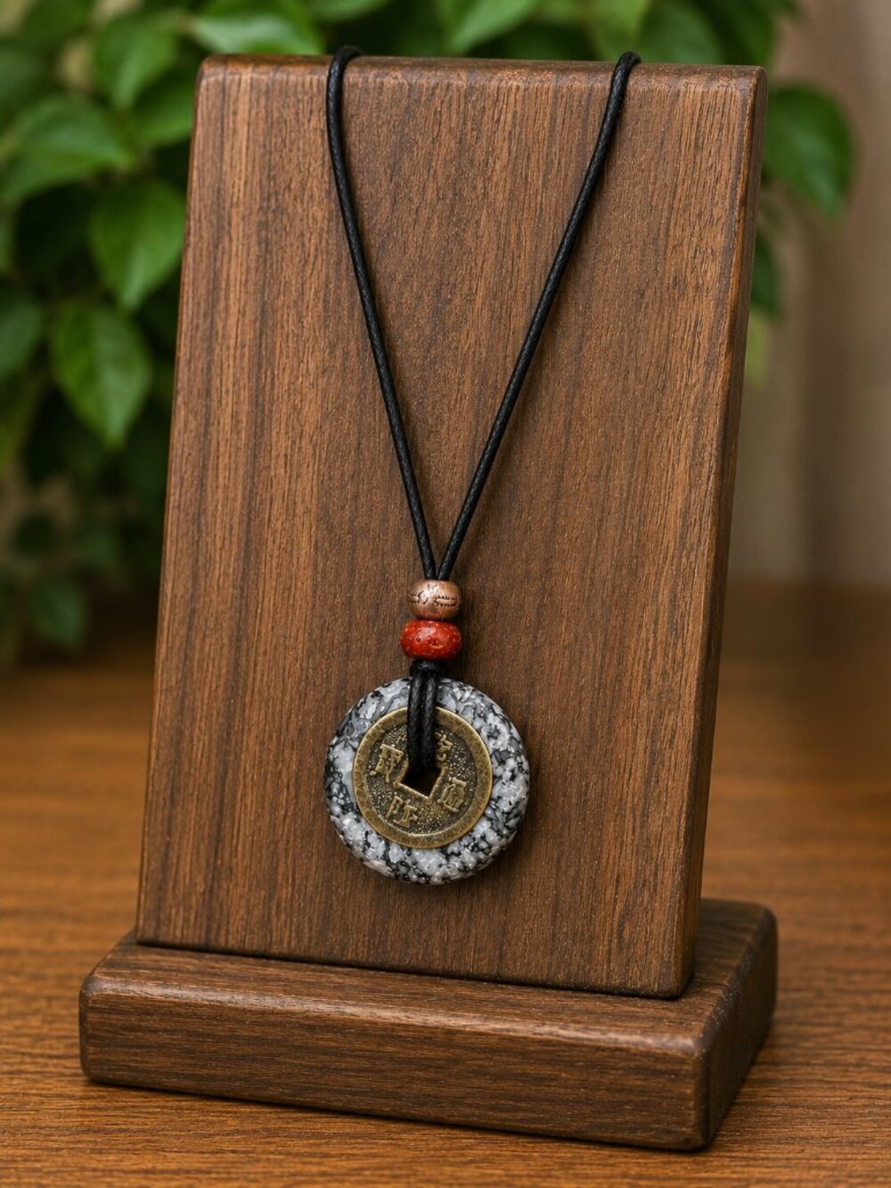Black Crazy Lace Agate and Lucky Coin Pendant | Handmade - Picture 3 of 7